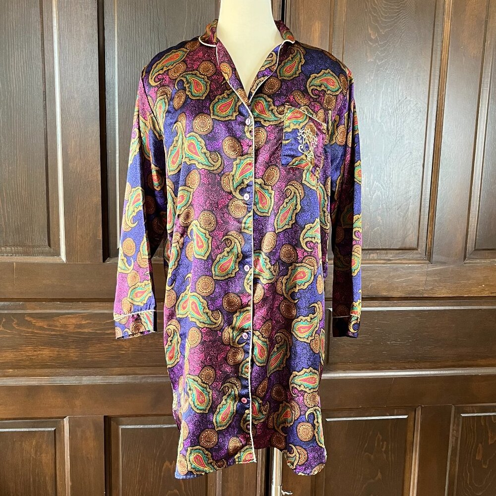 Vintage Adolfo Classics Satin Sleep Shirt Women's Size M Jewel Tones Long Sleeve